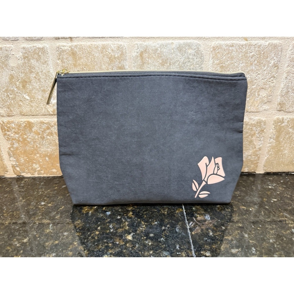 Lancome Cosmetic Makeup Bag Clutch Black With Pink Rose Embellishment
